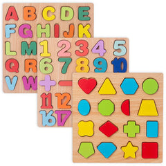 Wooden Puzzle Learning Boards – Shapes, Numbers & Alphabet (20×20cm)