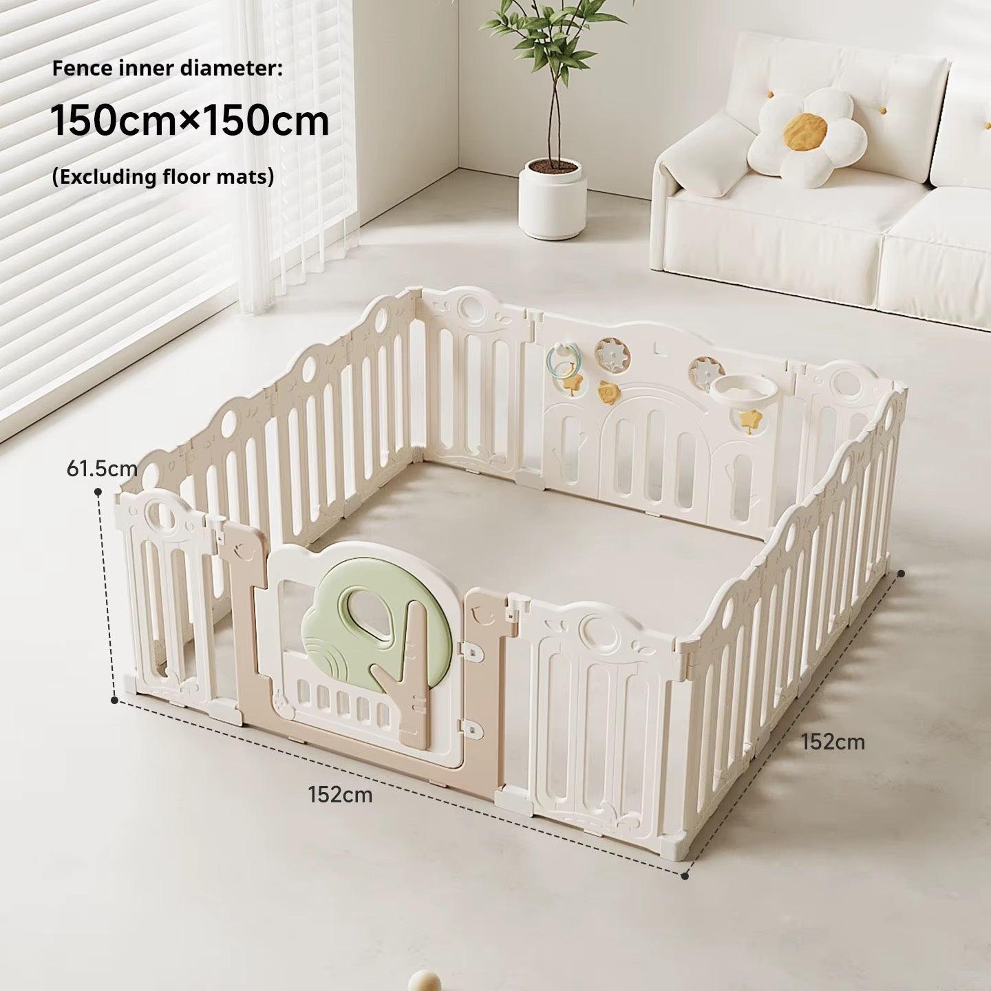 White baby playpen safety fence 150 by 150 cm inner size, 61.5 cm high