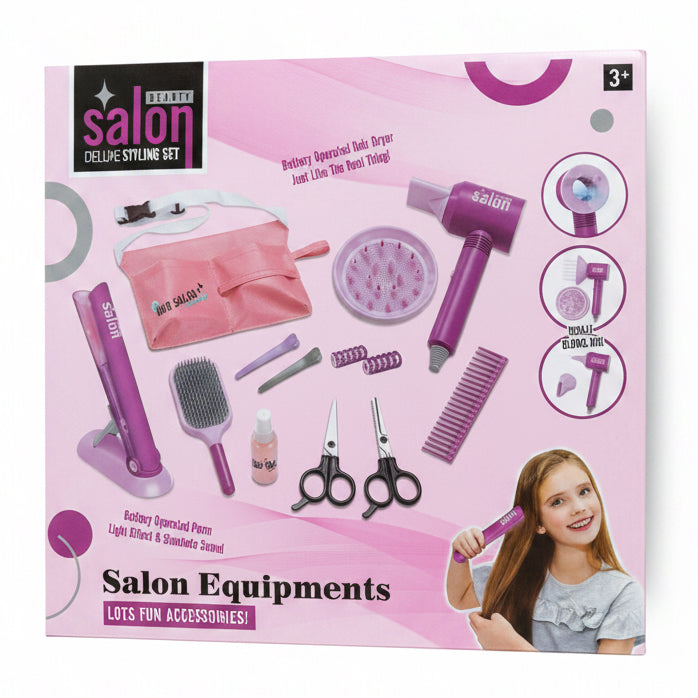 Beauty salon deluxe styling set with toy hair dryer, curling iron and accessories