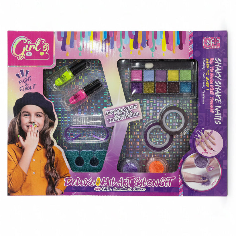 Deluxe nail art salon set with nail polish, glitter and manicure accessories