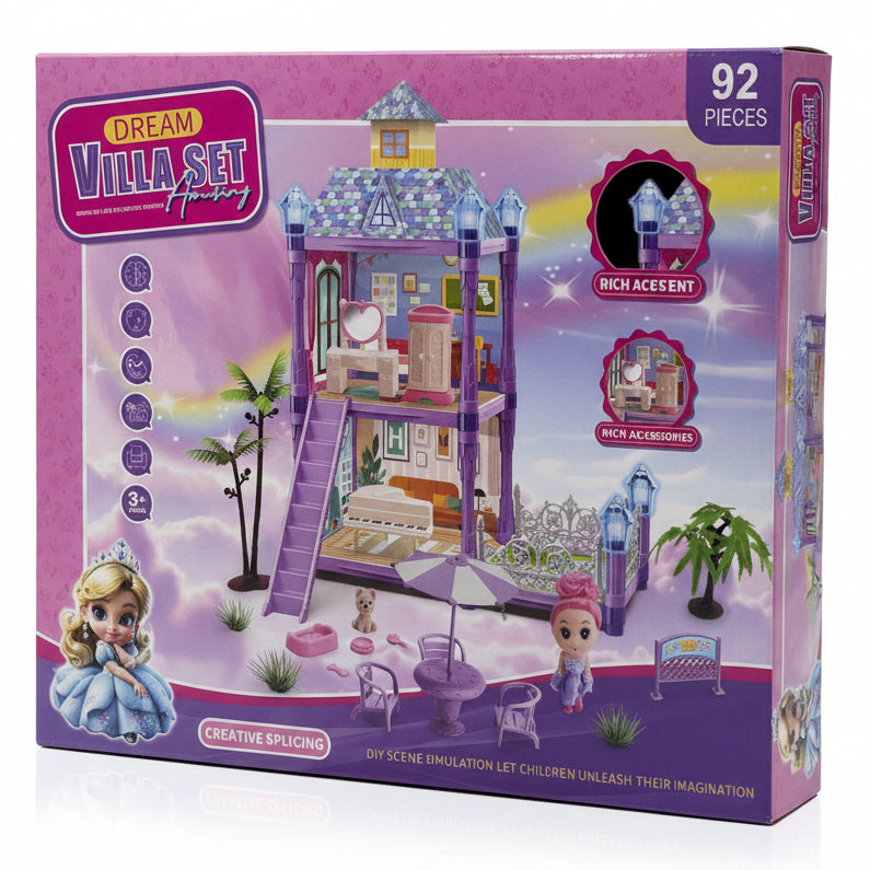 Dream Villa 92 piece dollhouse play set on white background