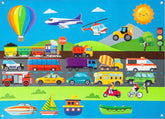 Transportation themed felt board set with cars buses planes trains boats and road vehicles