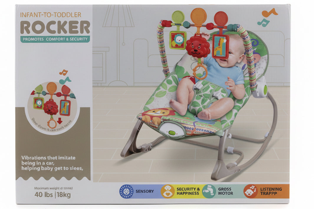 Infant toddler rocker with activity bar and vibration