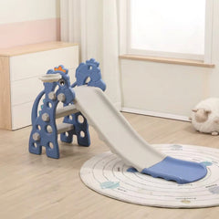 Blue and white toddler slide with basketball hoop