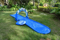 Blue outdoor slip-and-slide with inflatable arch