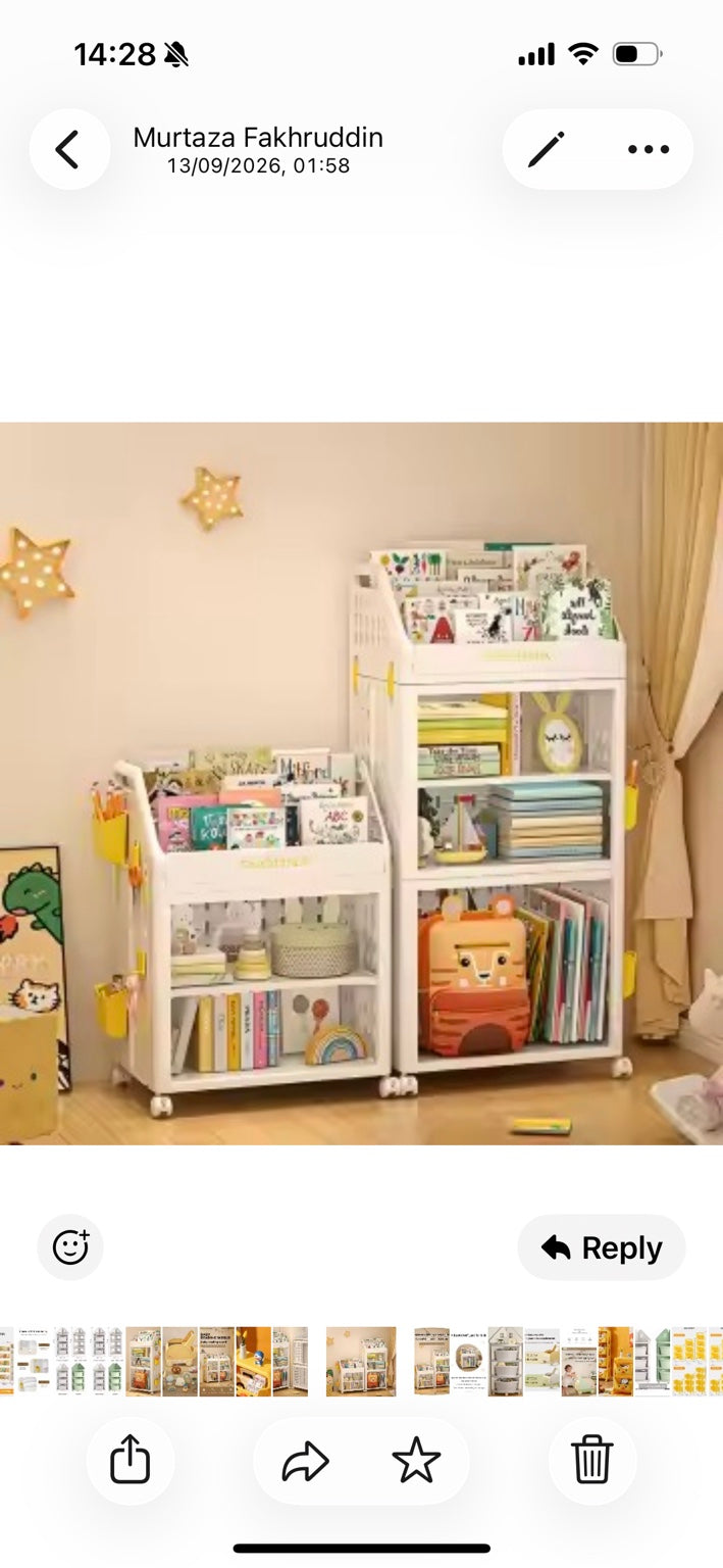 White children's modular bookshelf and storage organizer with front-facing book display, open shelves and wheels