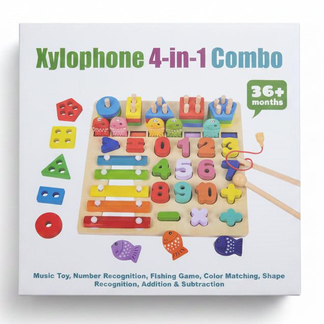Wooden xylophone 4 in 1 combo with numbers fishing shapes and color matching